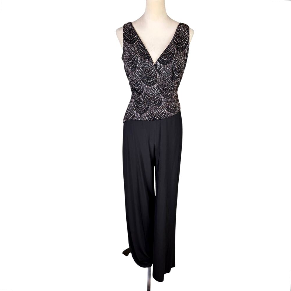 Anne Klein Black Jersey Knit Metallic Sparkle Shimmer Wide Leg Cocktail Jumpsuit